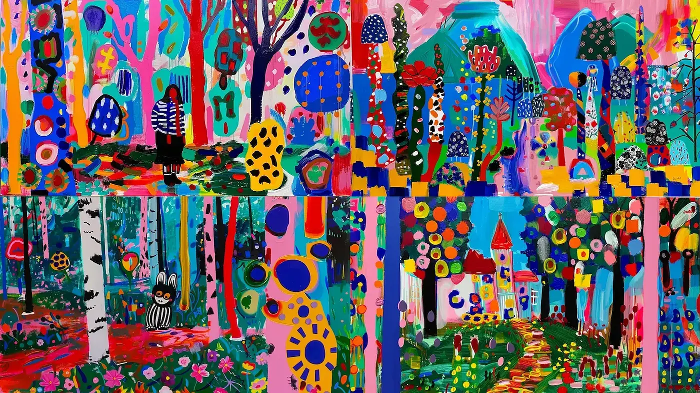 Vibrant and Playful Colorful Landscapes with Whimsical Trees and Unique Flora - Midjourney sref style