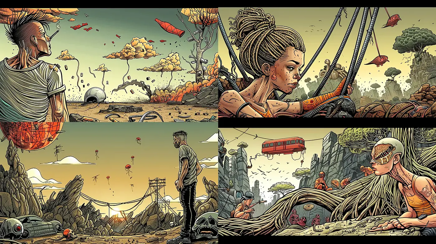 Apocalyptic Twilight: Surrealistic Landscapes with a Graphical Novel Flair - Midjourney sref style