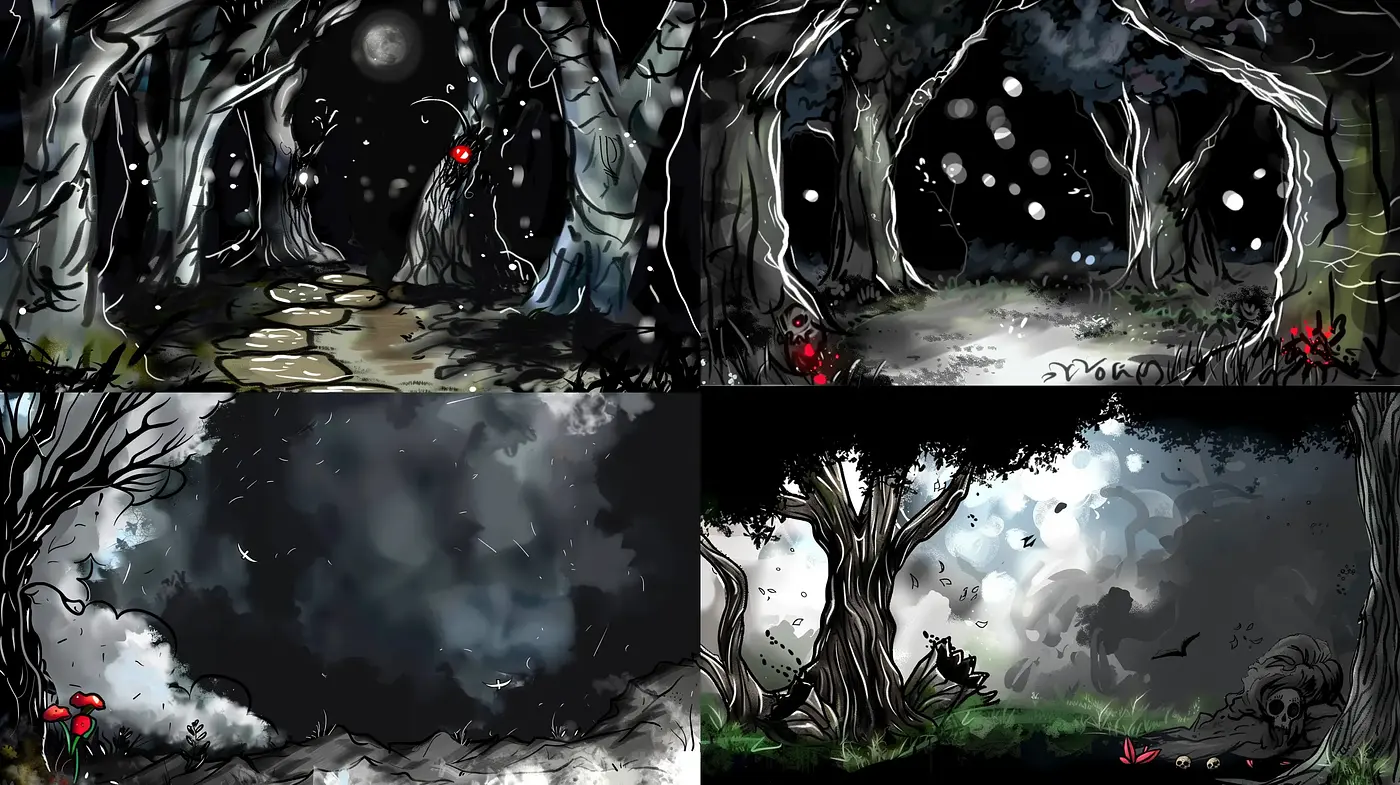Ethereal Nocturnal Dreamscape: A consistent fusion of darkness and whimsy - Midjourney sref style