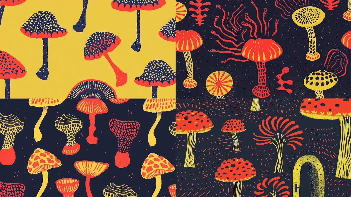 Vibrant and Playful Fungal Patterns with a Modern Touch - Midjourney sref style