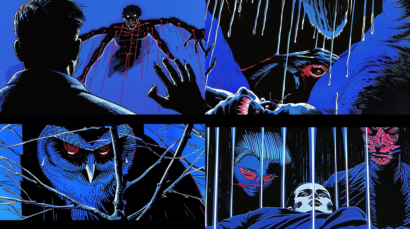 Nocturnal Elegy in Stark Contrast: A Study of Deep Blues and Striking Reds in Graphic Narration - Midjourney sref style