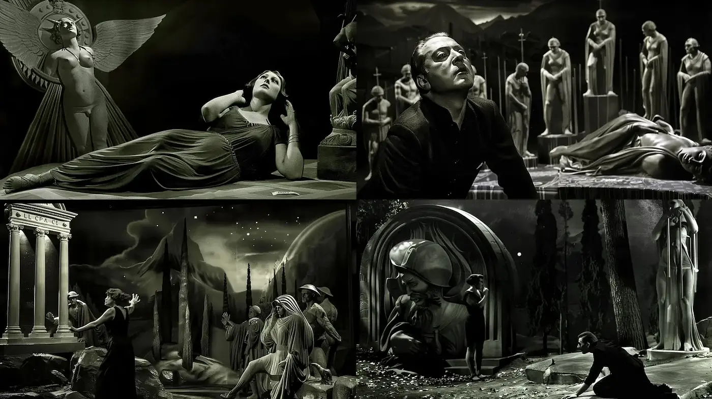 Ethereal and Dramatic Noir Aesthetic with Classical Influences - Midjourney sref style