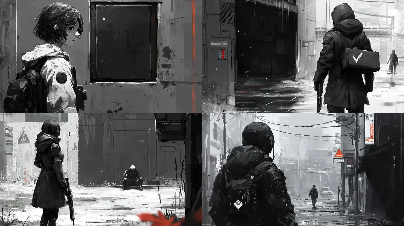 Monochromatic Grit with a Splash of Red - Midjourney sref style
