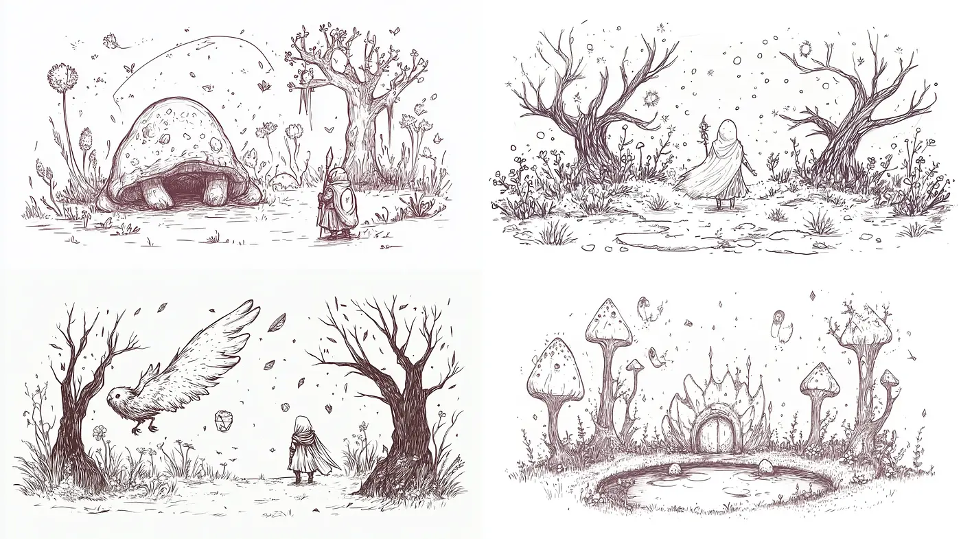 Whimsical Ink Sketches of Enchanted Nature Scenes - Midjourney sref style
