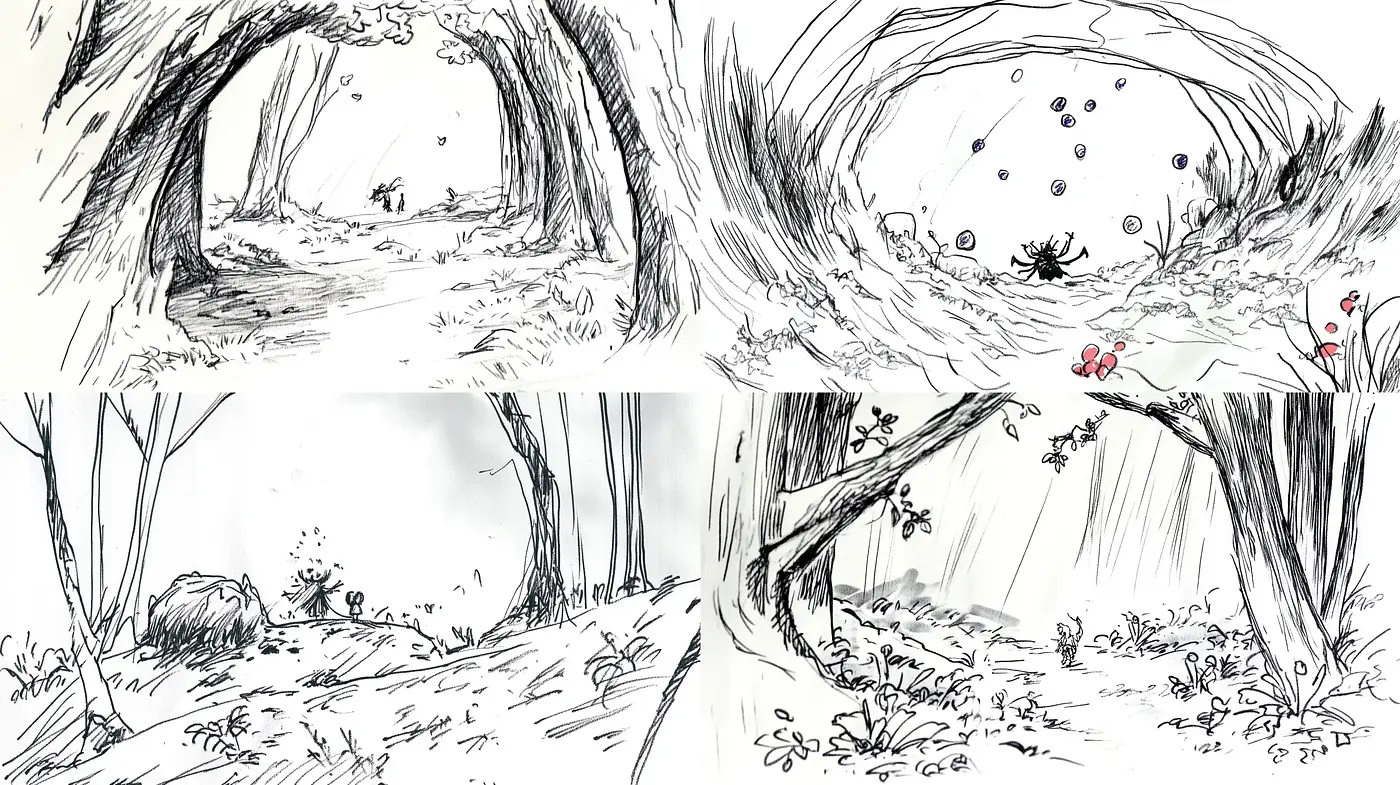 Whimsical Monochrome Forest Sketches - Midjourney sref style