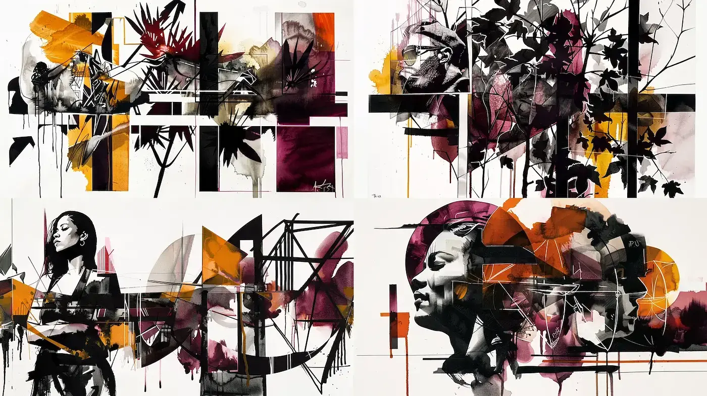 Dynamic Fusion of Abstract and Figurative Elements in Contemporary Art - Midjourney sref style
