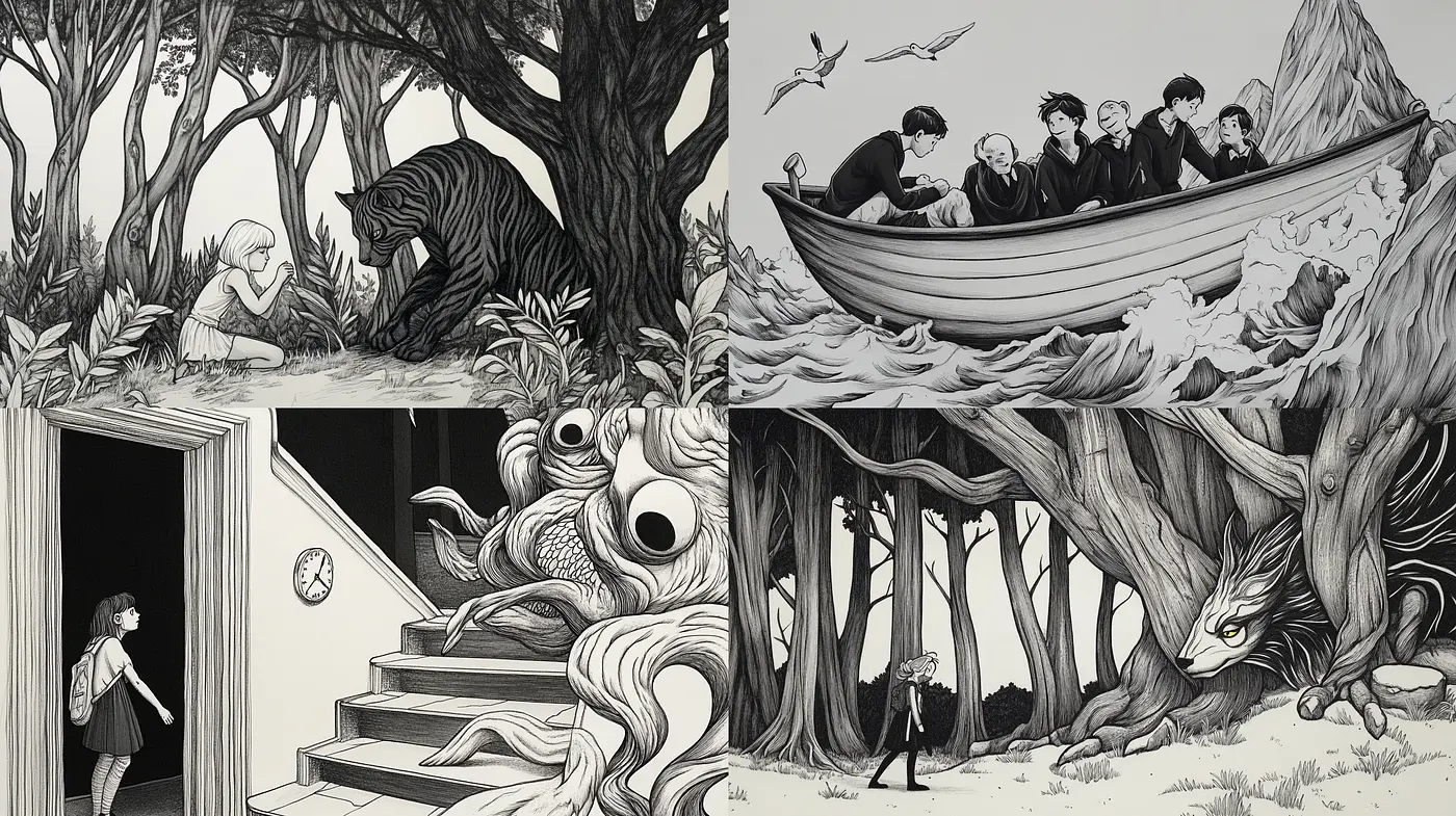 Enigmatic Monochrome Narratives: A Homage to Surrealism and Woodcut Artistry - Midjourney sref style