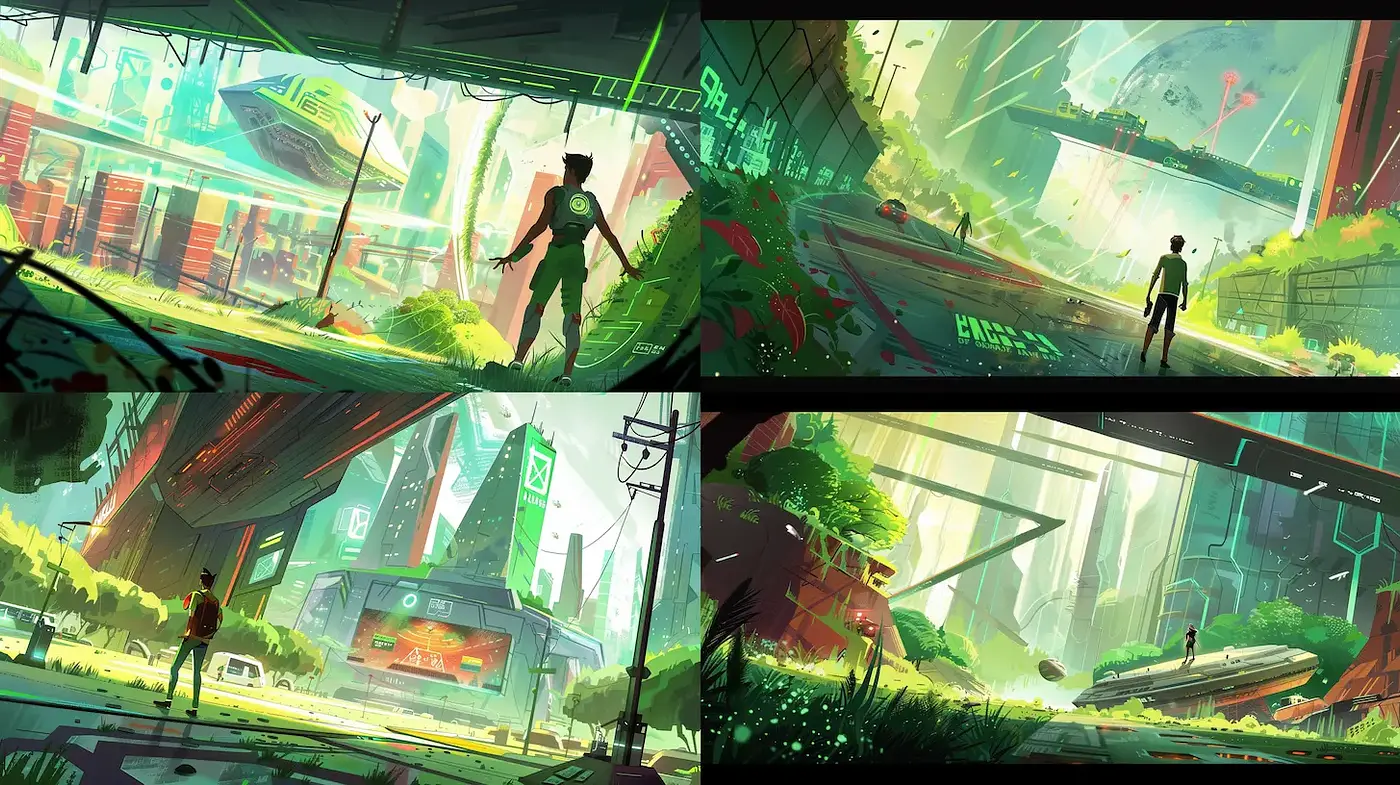 Futuristic Urban Landscapes with Lush Vegetation and Dynamic Perspectives - Midjourney sref style