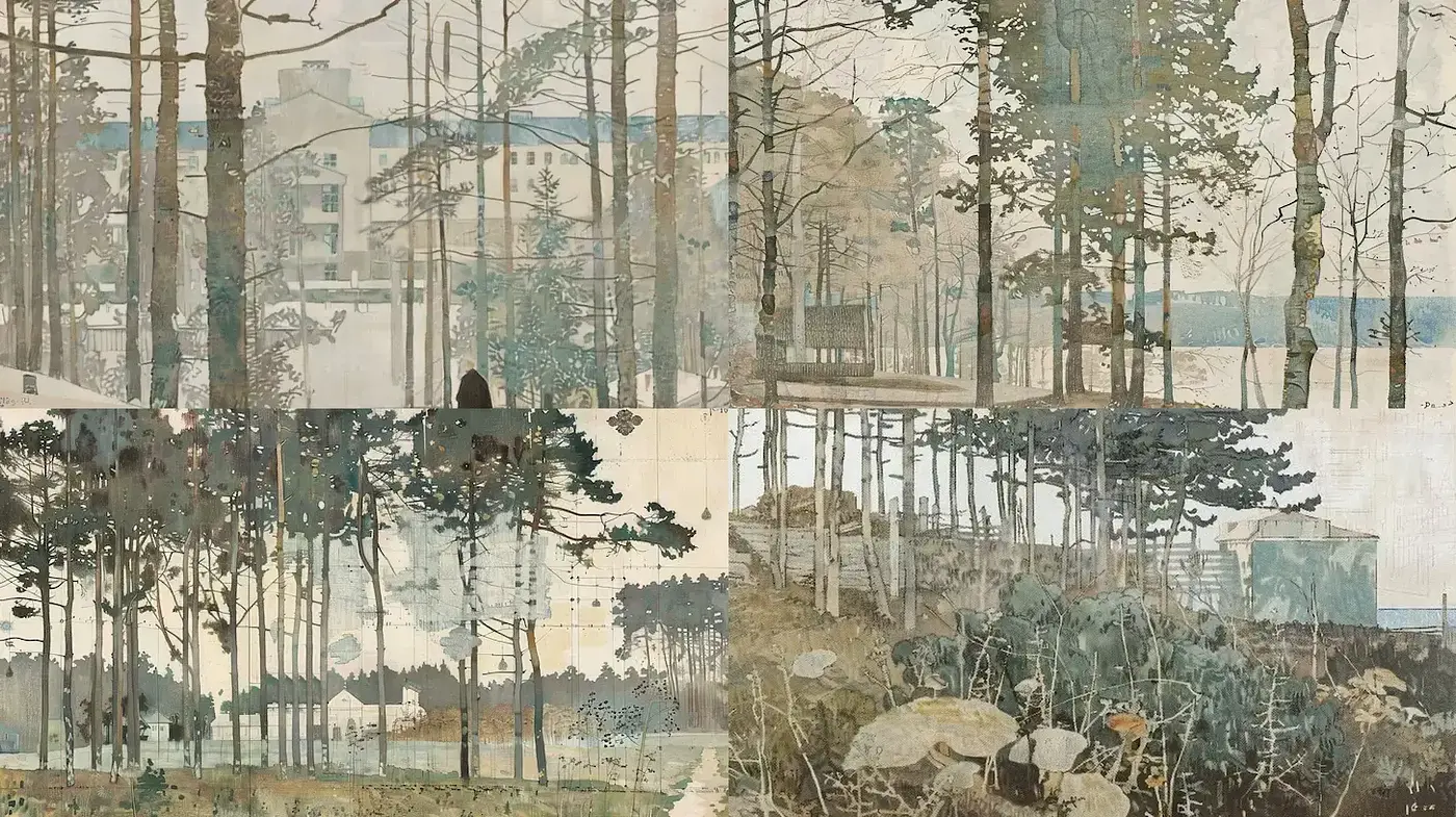 Serene landscapes with a modernist touch and natural textures - Midjourney sref style