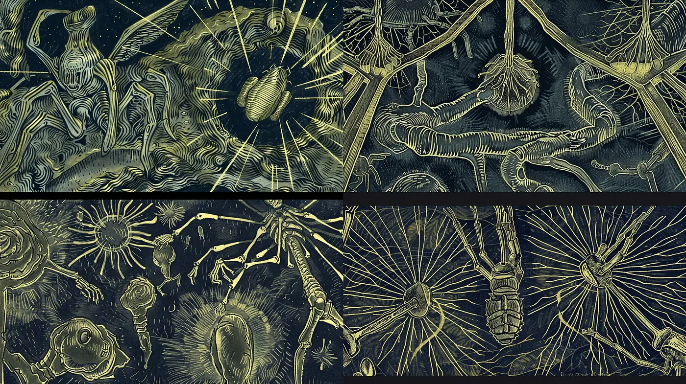 Celestial Mechanics and Flora: A Fusion of Vivid Golds and Mystical Navy - Midjourney sref style