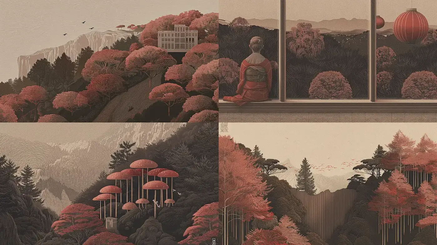 Serene landscapes with a whimsical touch, exploring nature and tradition - Midjourney sref style