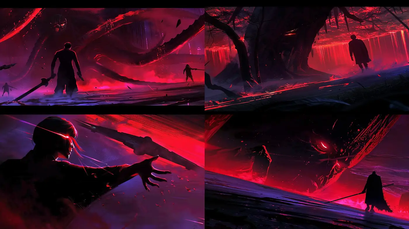 Crimson Eclipse: An Ominous Sci-Fi Tableau - Midjourney sref style