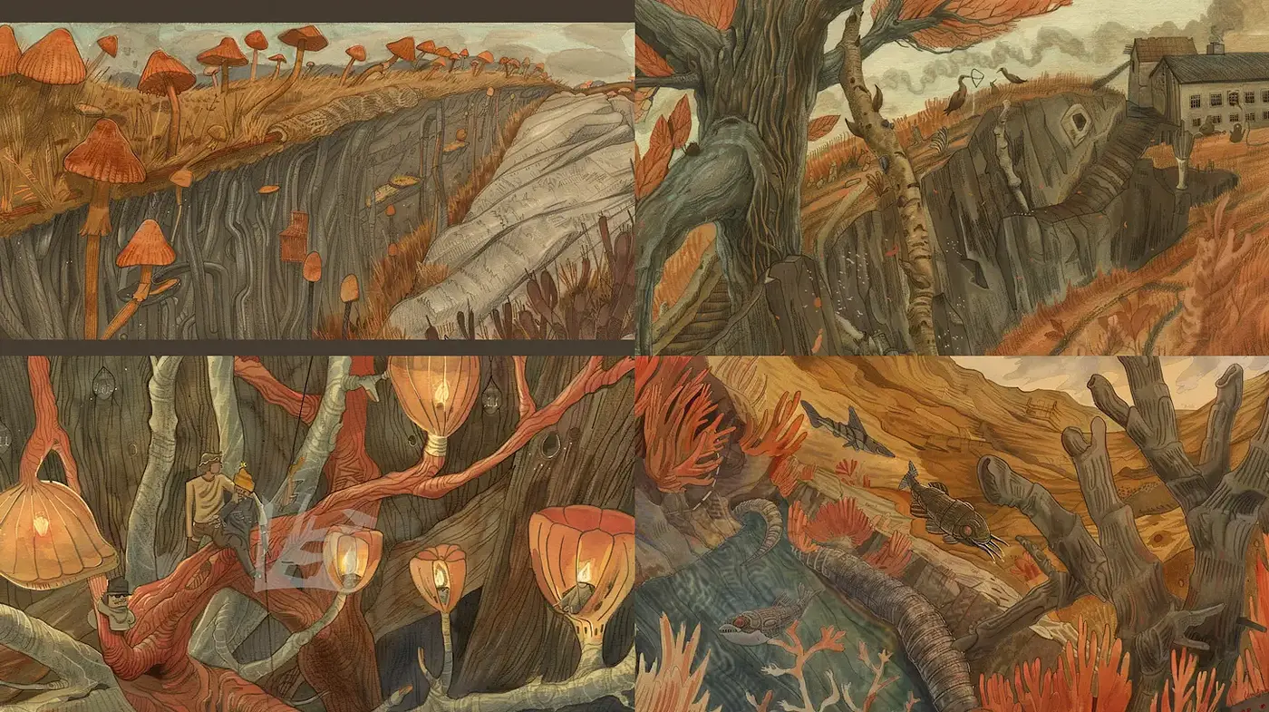 Whimsical and Textured Landscapes Evoking Nature's Fantasies - Midjourney sref style
