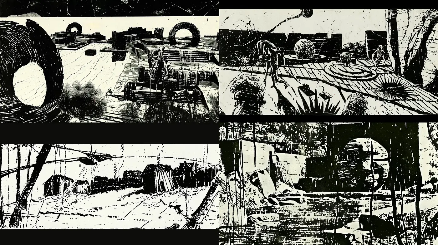 Stark Ink Wash Dreamscapes - Midjourney sref style