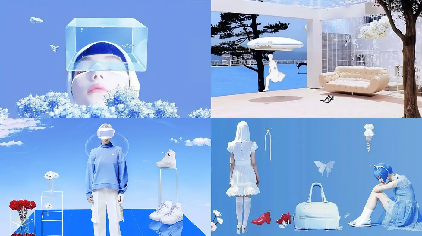 Serene Azure Dreamscapes: A Study in Monochromatic Harmony and Surrealism - Midjourney sref style