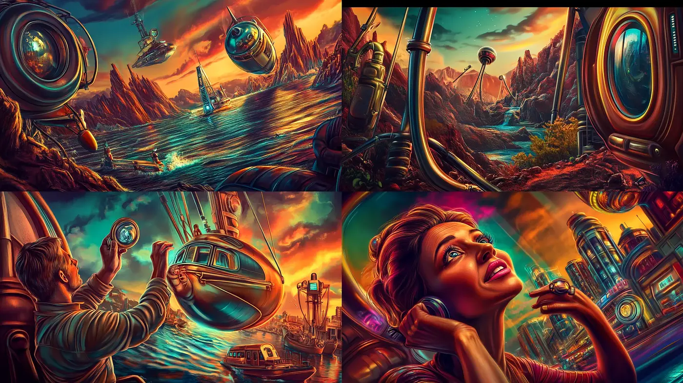 Futuristic Retro Sci-Fi Panorama with Vivid Imaginative Detail - Midjourney sref style