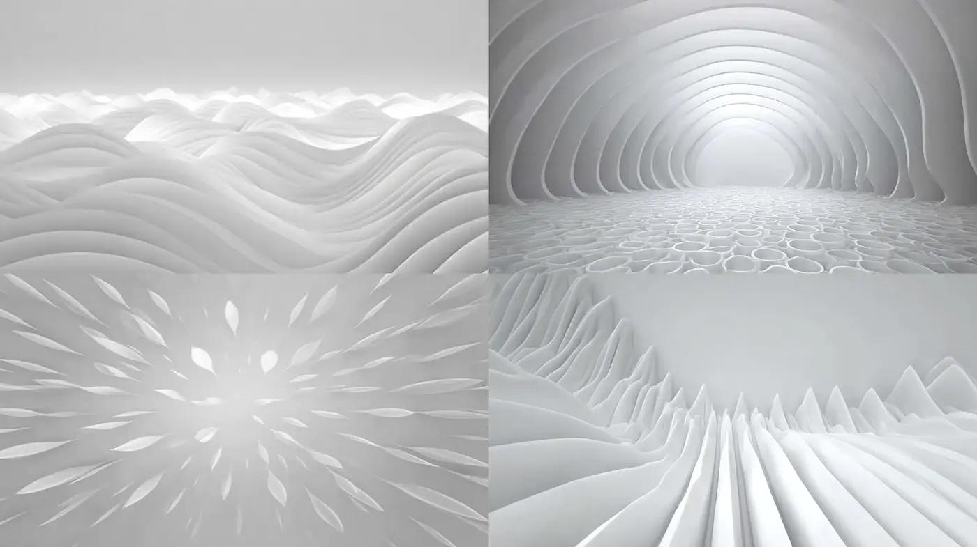 Monochromatic Textural Landscapes with Fluid Forms and Minimalistic Aesthetics - Midjourney sref style