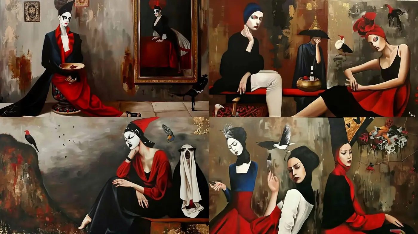 Elegant Melancholia: A Harmonious Fusion of Theatrical Baroque with a Modernist Twist - Midjourney sref style