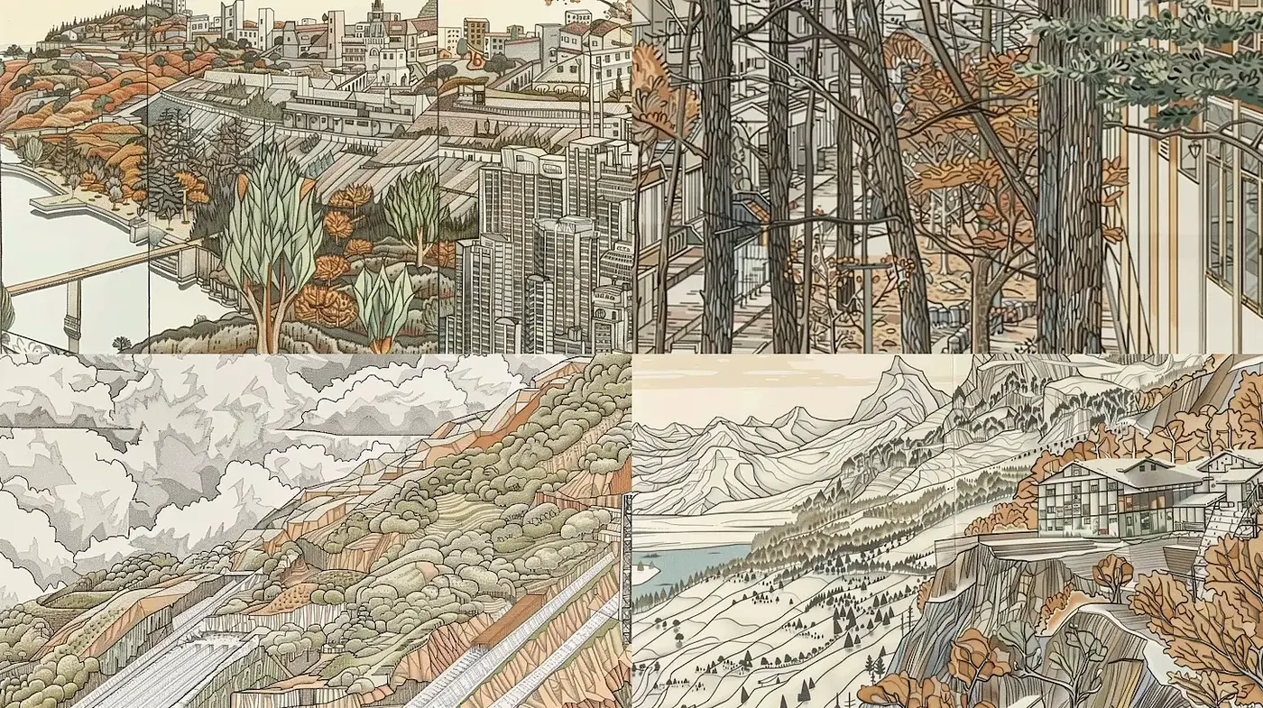 Intricate Illustrative Landscapes with a Harmonious Blend of Nature and Urban Elements - Midjourney sref style