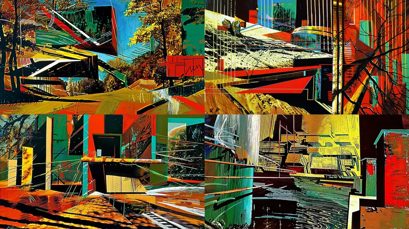 Vibrant Synthesis of Abstract Architecture and Natural Elements - Midjourney sref style