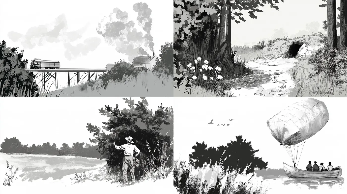 Monochromatic Exploration of Nature and Human Interaction - Midjourney sref style