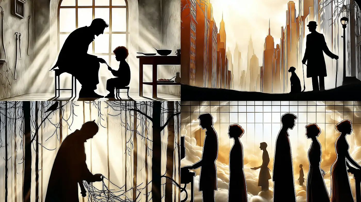 Contrasting Silhouettes Against Dreamlike Backgrounds - Midjourney sref style