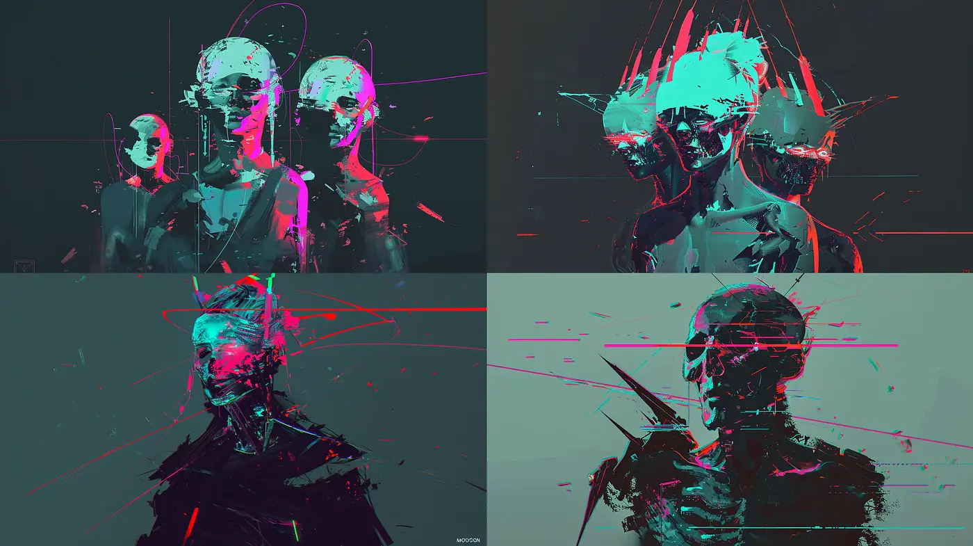 Cybernetic Synthesis: An Abstracted Fusion of Techno Glitch and Expressive Strokes - Midjourney sref style