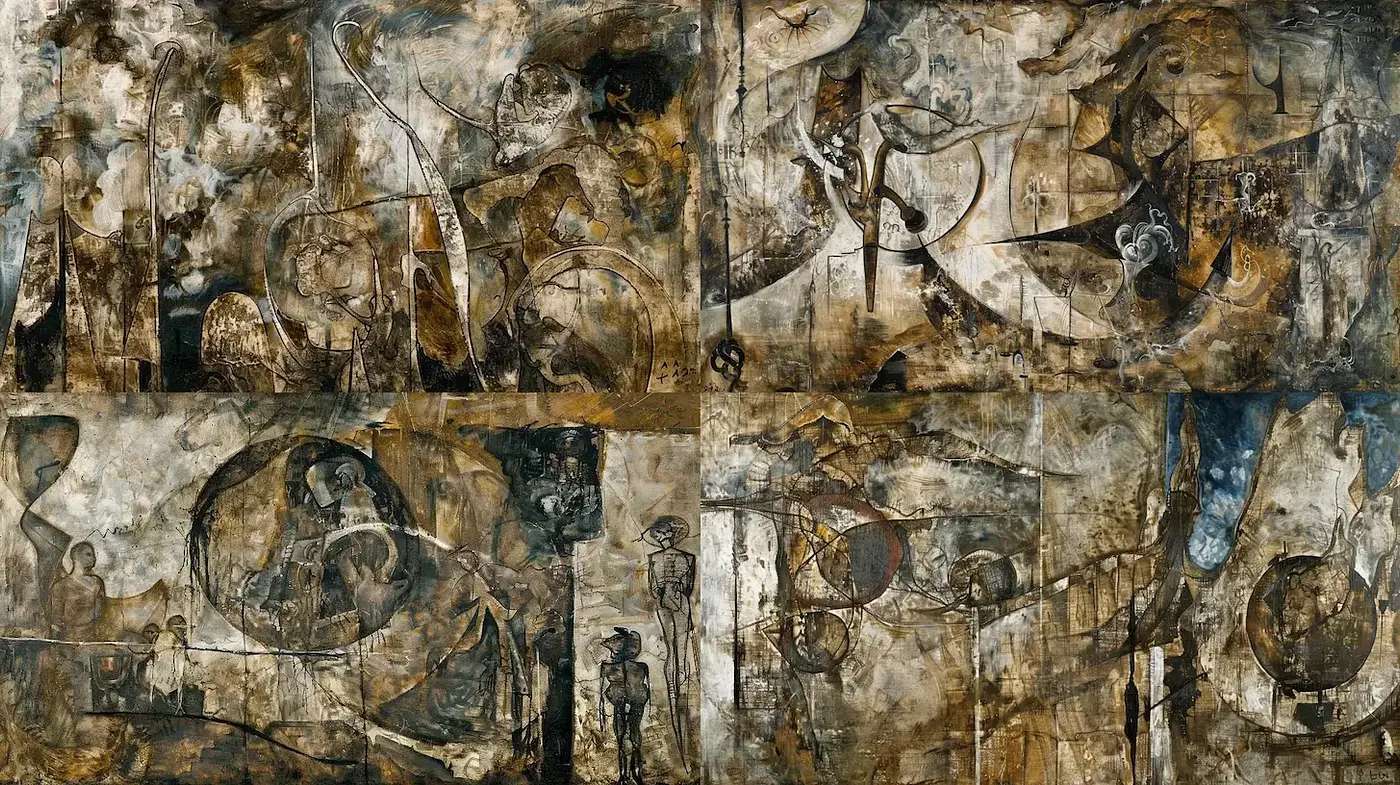 Intriguing juxtaposition of abstract forms and emotional depth in a muted color scheme - Midjourney sref style