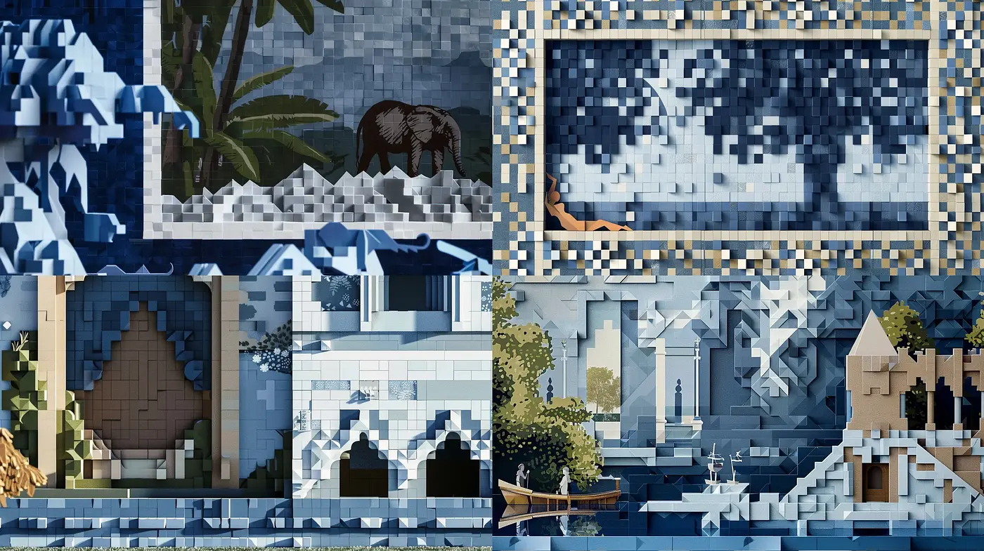 Cerulean Mosaic: A Fusion of Pixelated Classicism and Contemporary Hues - Midjourney sref style