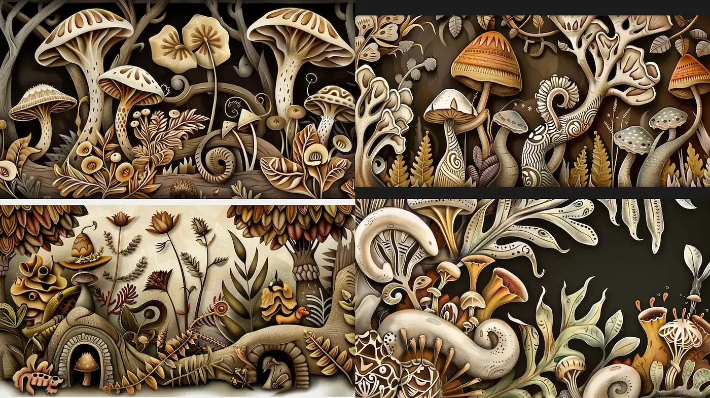 Intricate organic forms with whimsical, earthy tones - Midjourney sref style