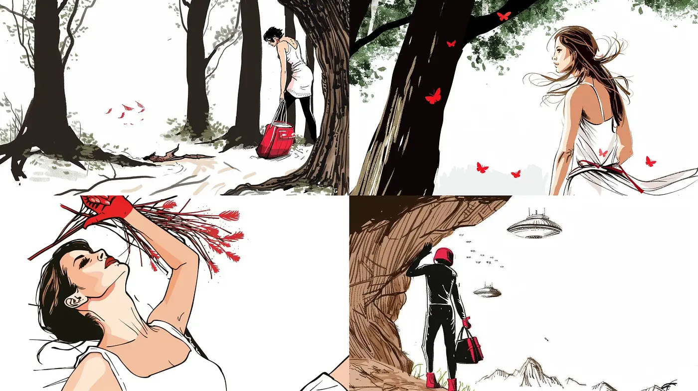 Ethereal Brushstrokes and Natural Elegance in Monochrome with Red Accents - Midjourney sref style