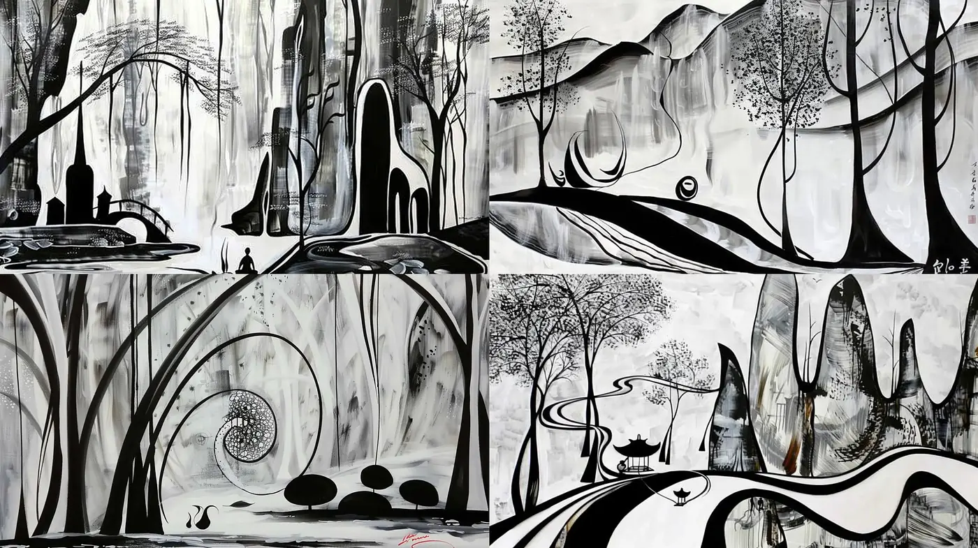 Monochromatic Whimsy: Abstract Dreamscapes in Grayscale - Midjourney sref style