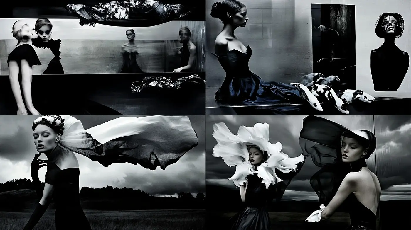 Monochromatic Elegance: A Synthesis of Noir Drama and Couture Sensibilities - Midjourney sref style