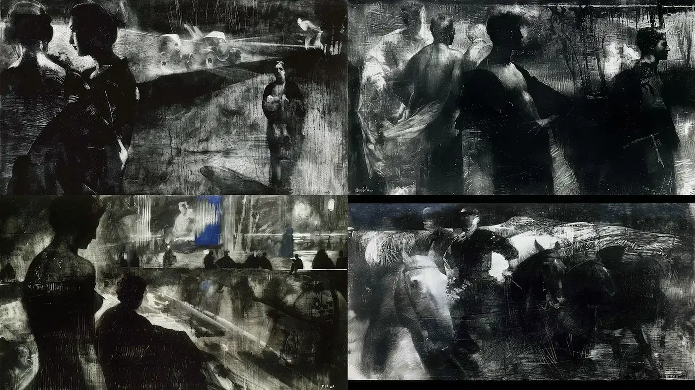 Monochromatic Expressionism with Bold Textural Contrast - Midjourney sref style
