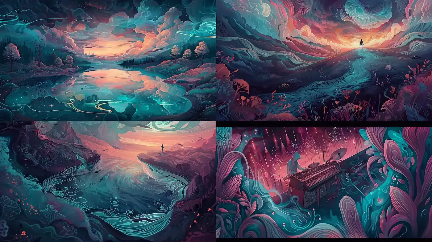 Whimsical Landscapes with Surreal Elements and Fluid Textures - Midjourney sref style