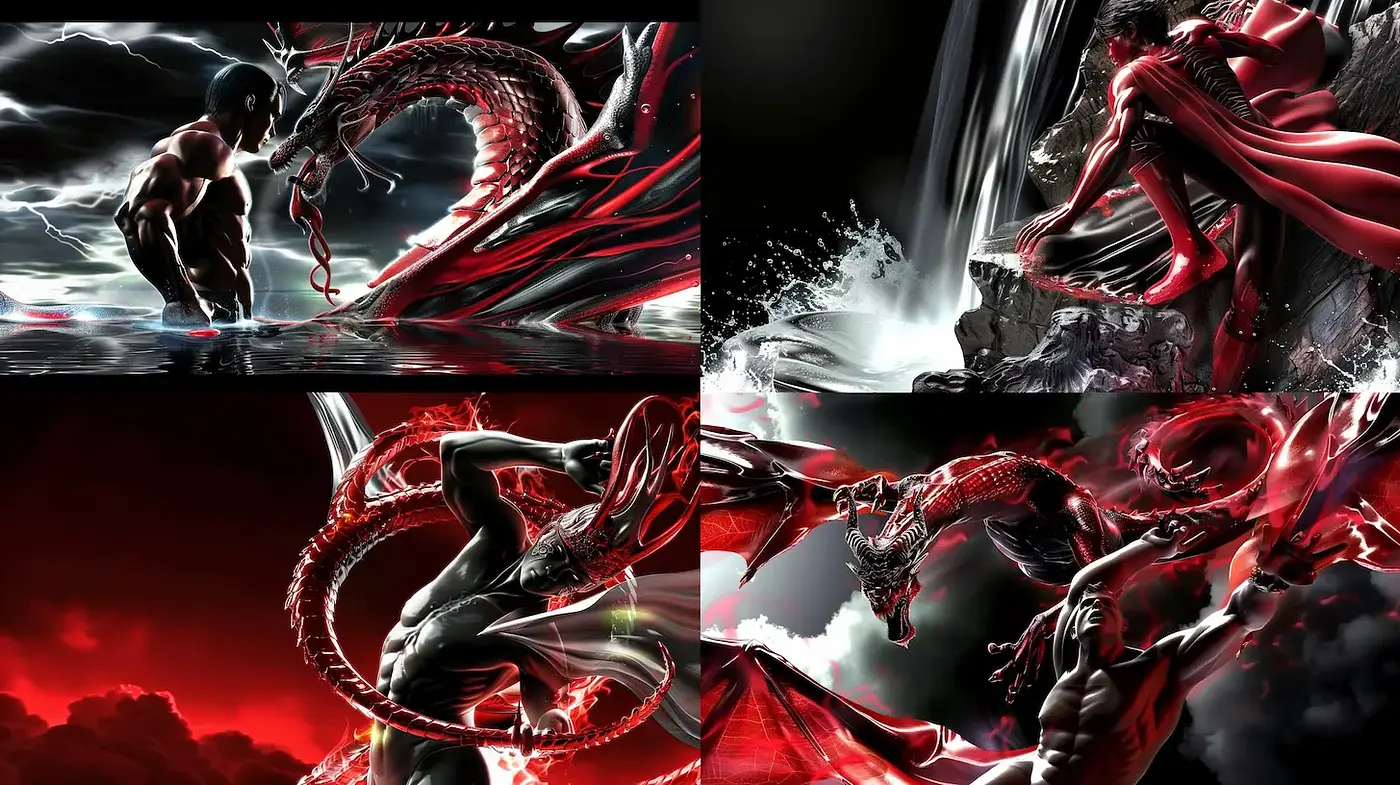 Dramatic representations of elemental conflict with a vivid color scheme - Midjourney sref style