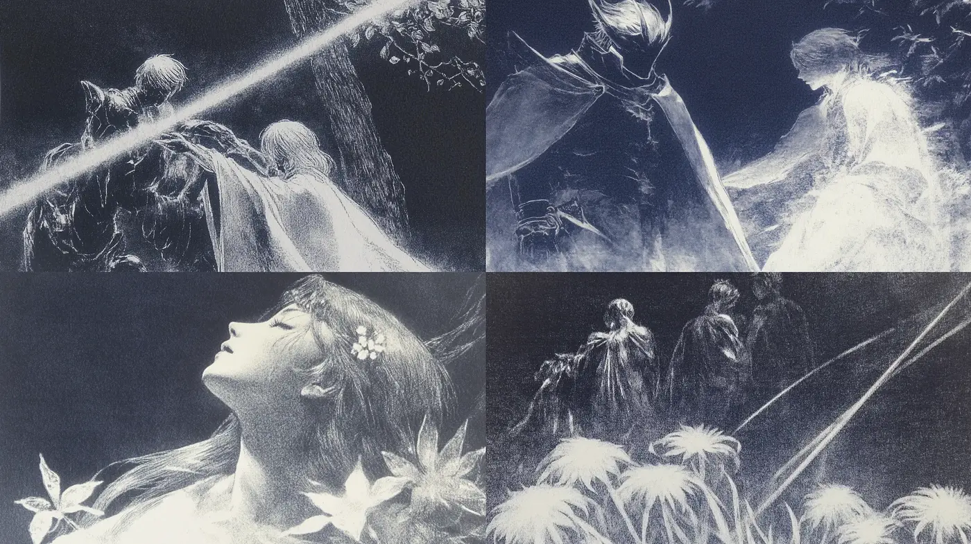 Ethereal Monochrome Dreamscape Illustration Series - Midjourney sref style