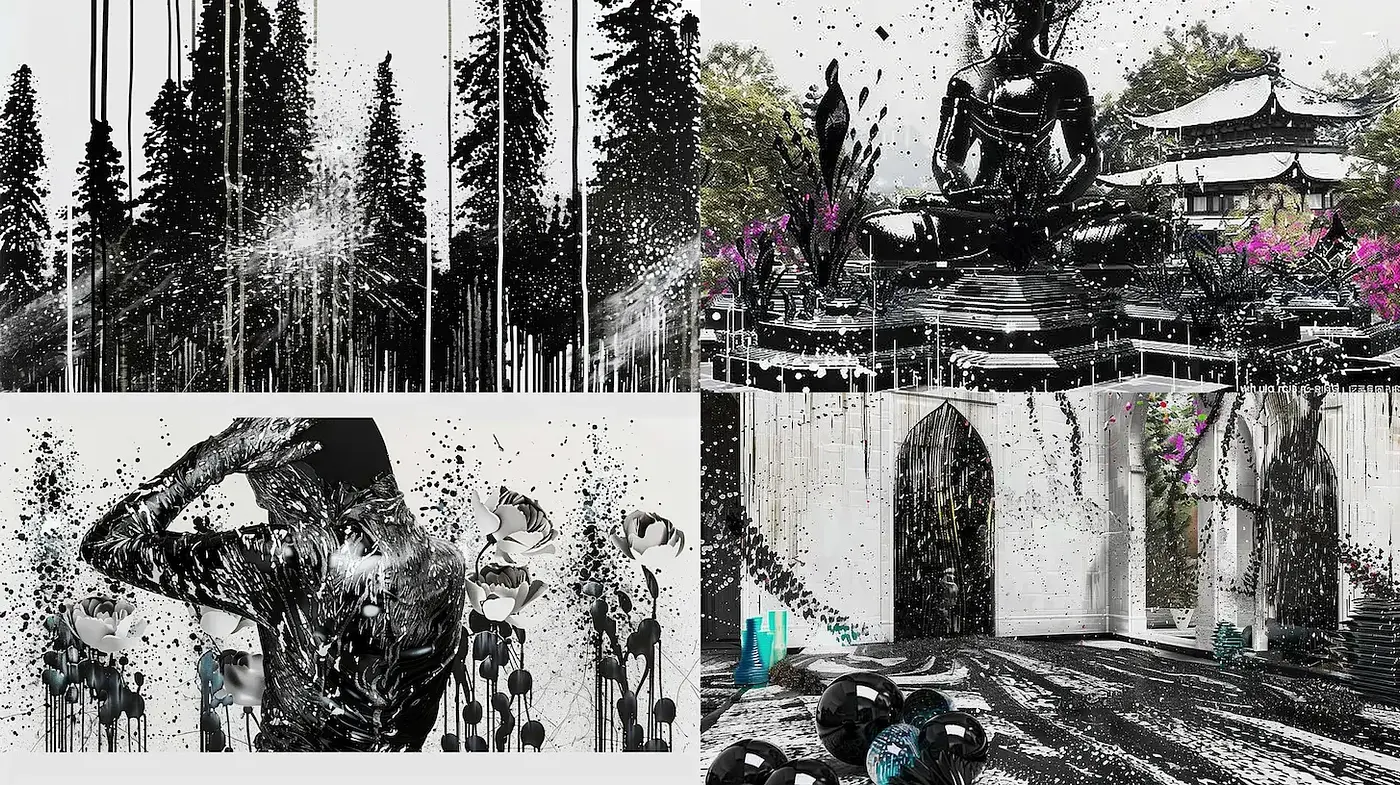 Dynamic and expressive compositions centered around nature and human figures - Midjourney sref style