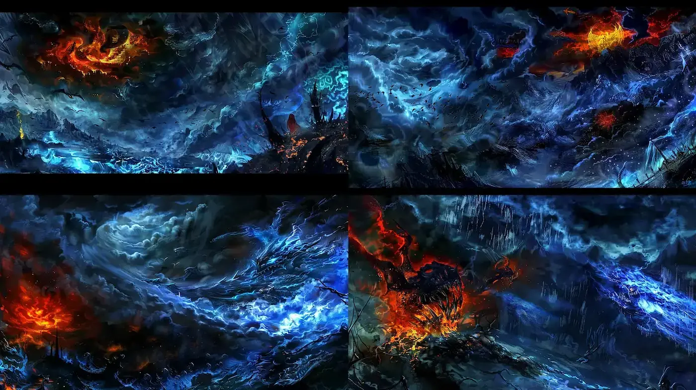 Dramatic and Ethereal Landscapes with a Chaotic Aesthetic - Midjourney sref style