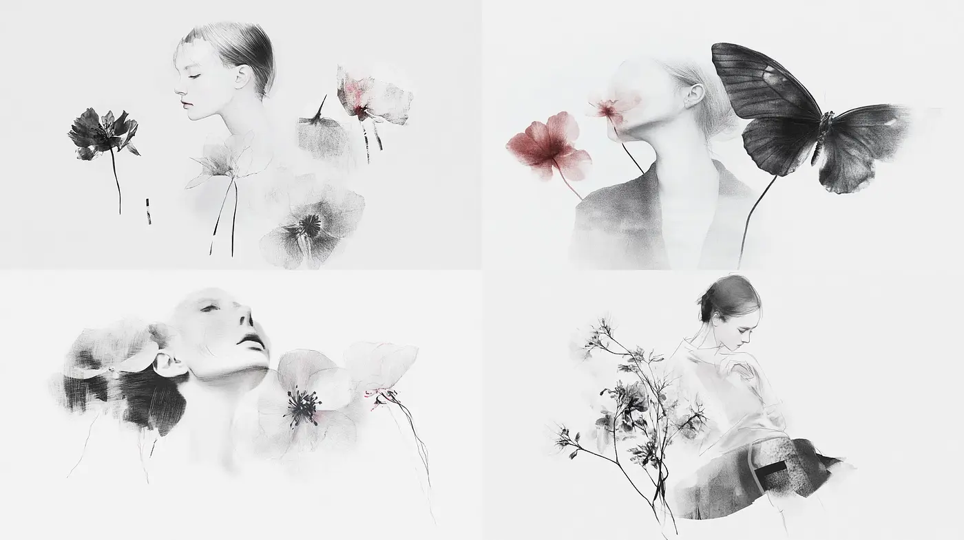 Ethereal Monochrome Florals and Butterflies Collection - Midjourney sref style