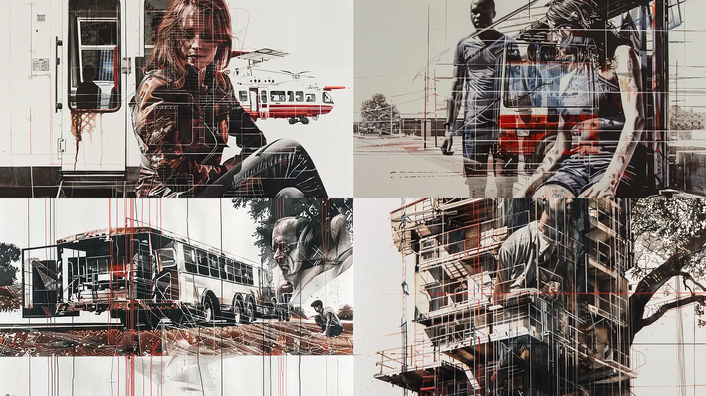 Fragmented Realism with Contrasting Overlays: A Modern Artistic Intersection - Midjourney sref style