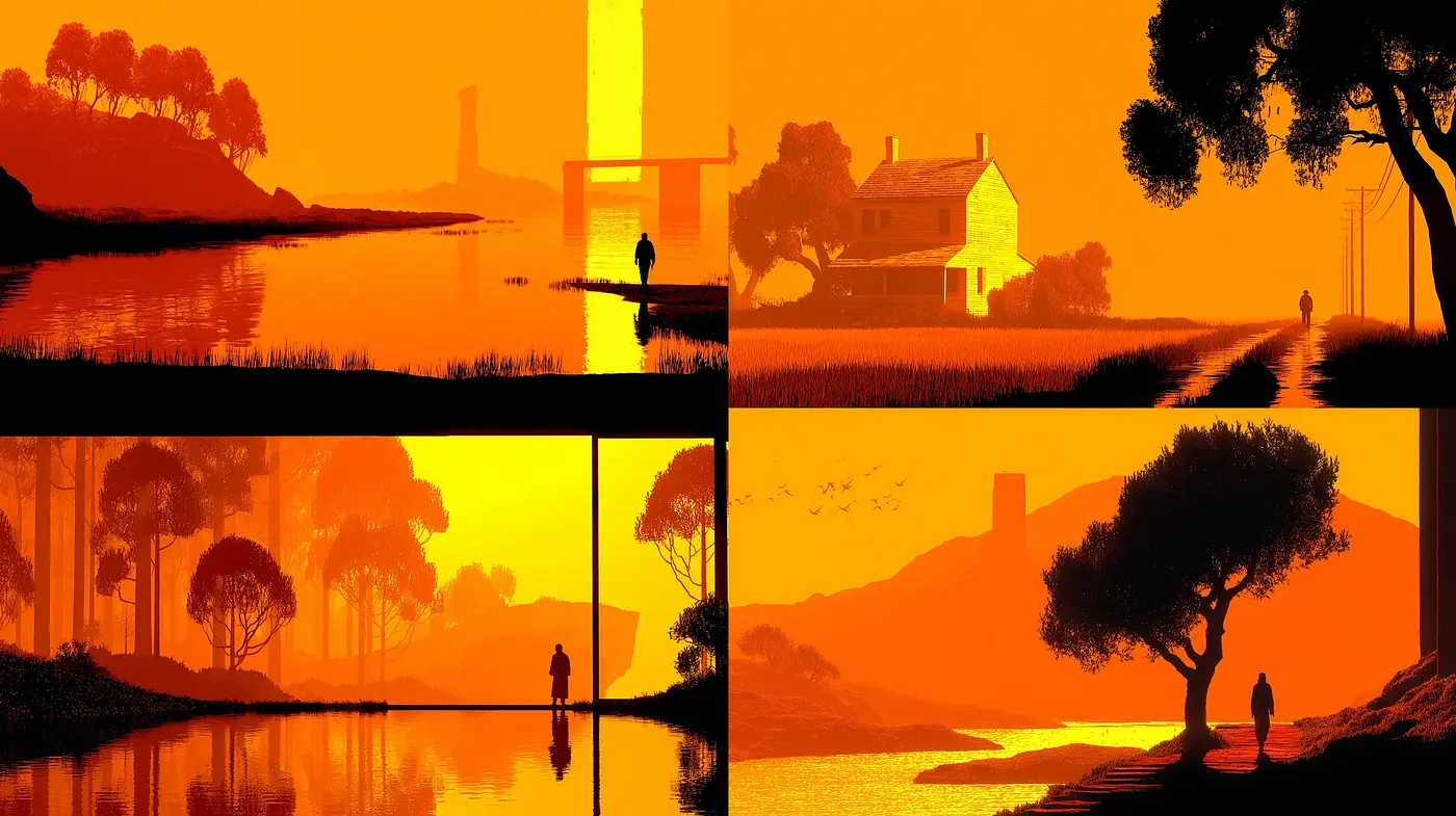 Serene and Evocative Landscapes with a Warm Palette - Midjourney sref style