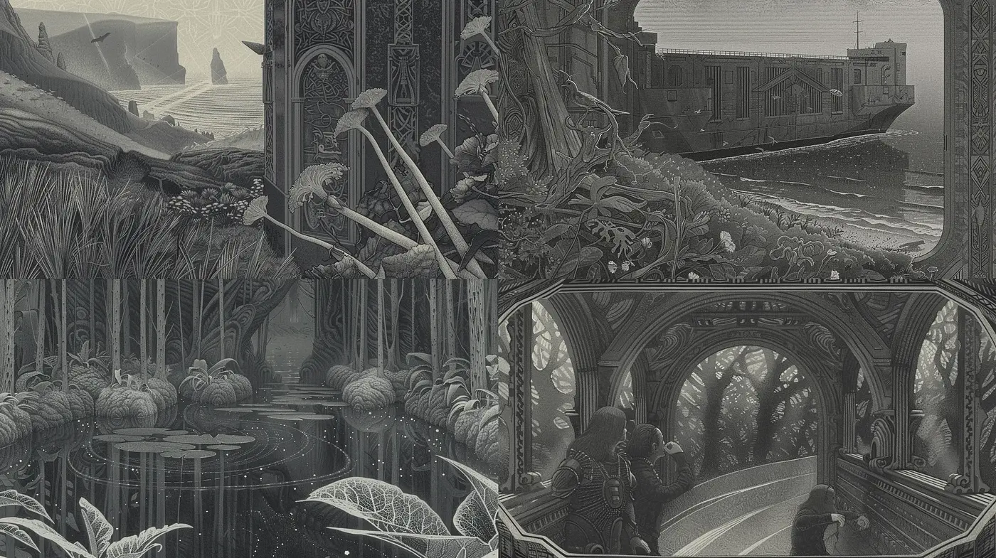 Ethereal Monochromatic Dreamscapes with Intricate Details - Midjourney sref style