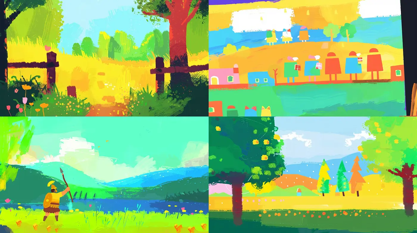 Vibrant Expression of Stylized Nature Scenes in Bold Color Blocks - Midjourney sref style