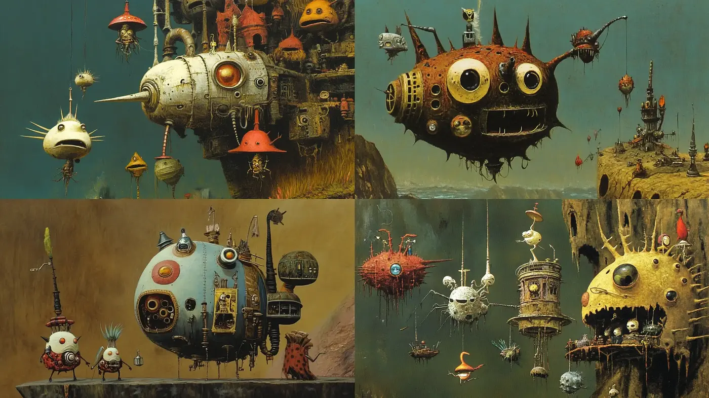 Surreal Mechanical Dreamscapes in Warm Sepia Tones - Midjourney sref style