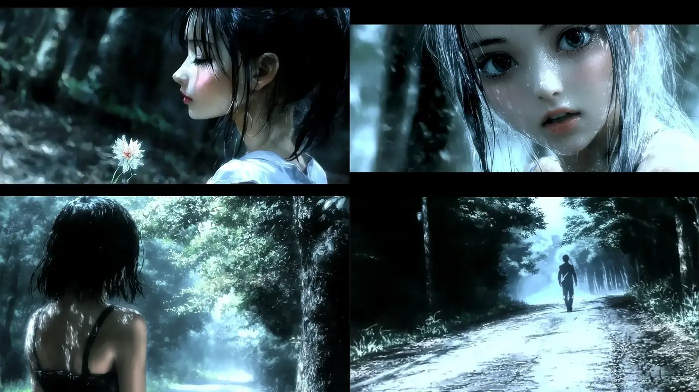 Ethereal Cinematic Anime Tranquility with Monochrome Tint - Midjourney sref style