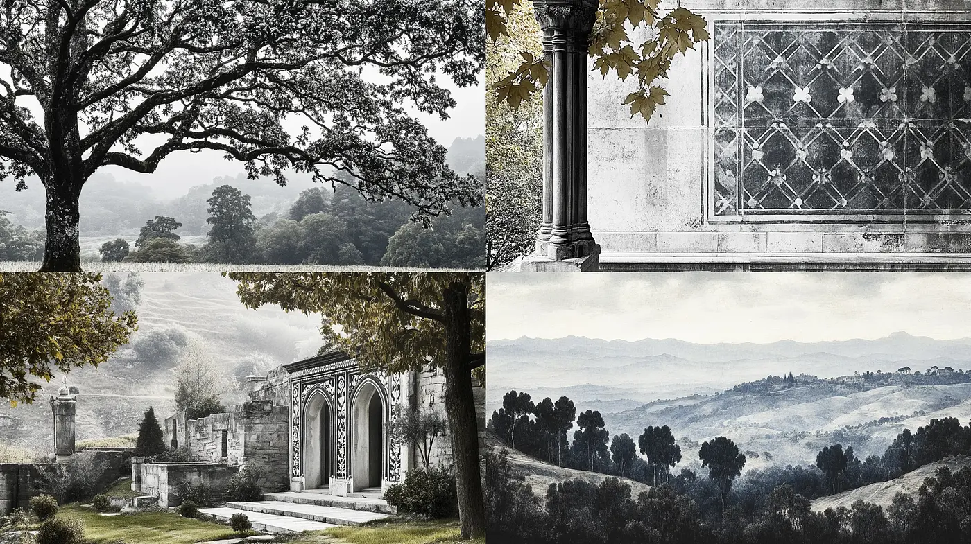 Timeless Monochromatic Landscapes with a Hint of Melancholy - Midjourney sref style