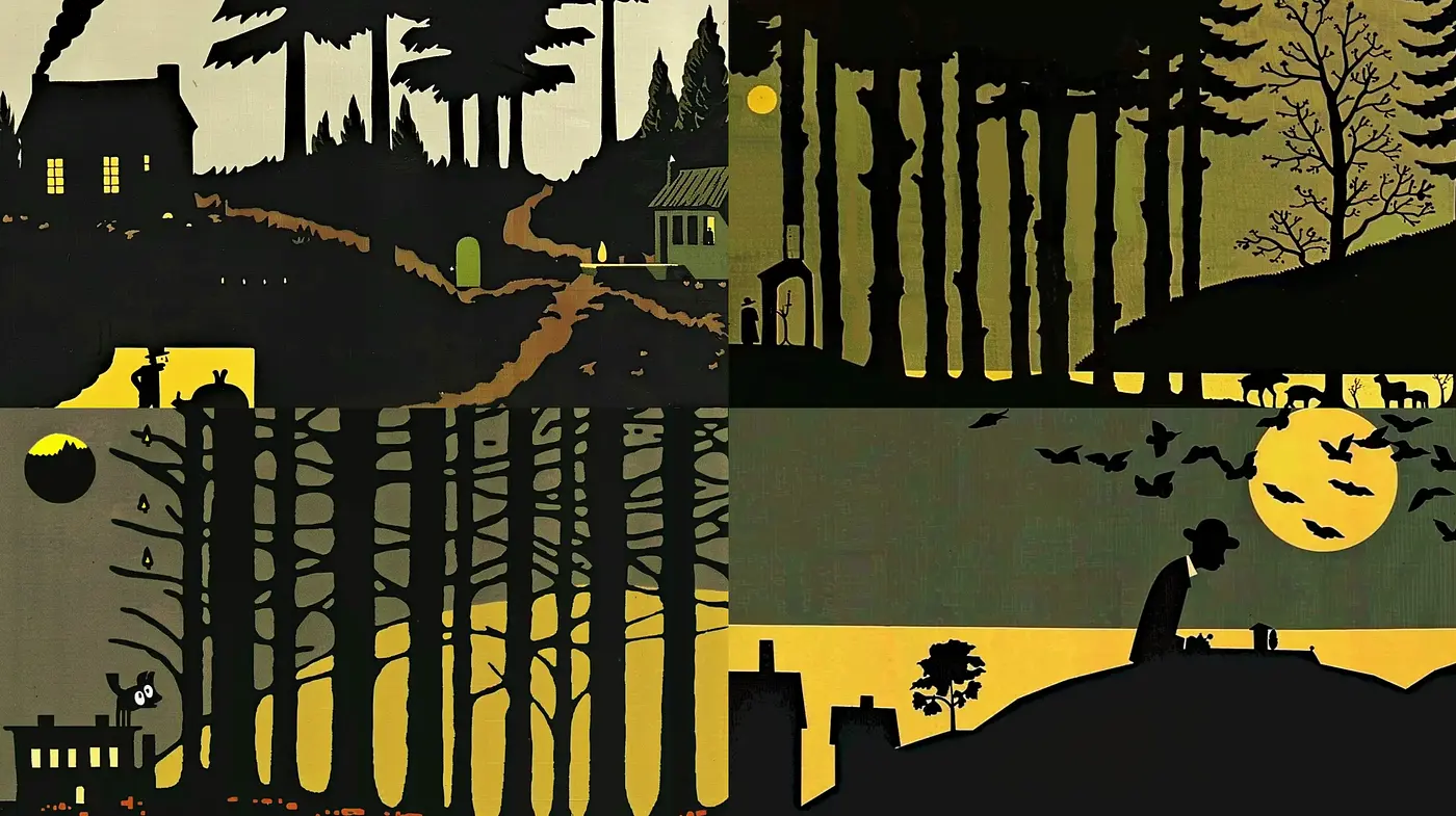 Silhouetted Vistas in Twilight: A Study in Monochromatic Contrast - Midjourney sref style