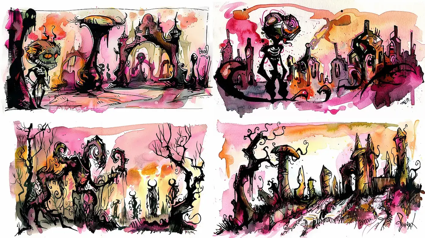Whimsical and Surreal Ink Wash Art with Playful Elements - Midjourney sref style