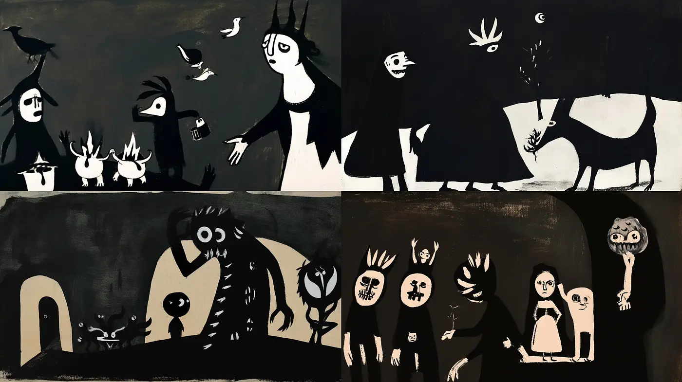 Monochromatic Whimsy in Stylized Folklore - Midjourney sref style